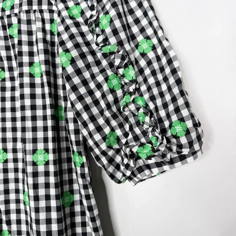 Kate Spade XS Black White Green Gingham Voile Blouse Puff Sleeves Square Neck
